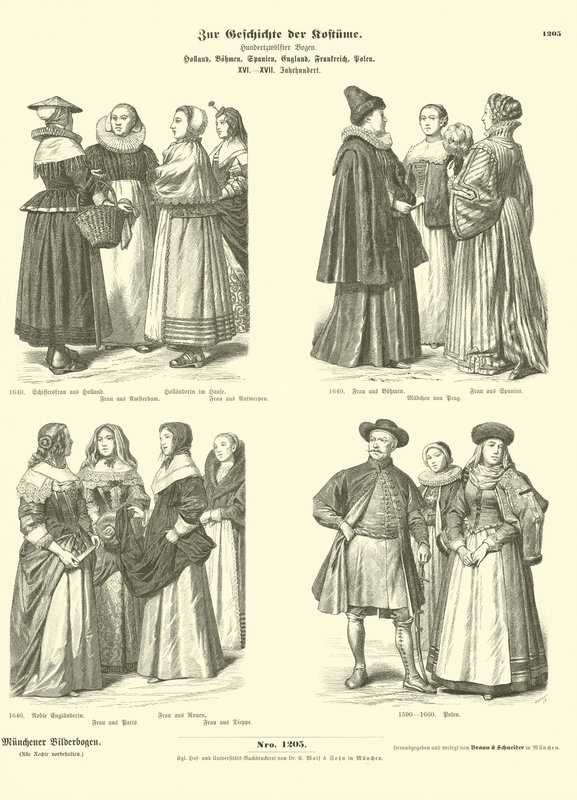 Trajes holandeses, boêmios, espanhóis, ingleses, franceses e poloneses, do século XVI ao XVII de German School