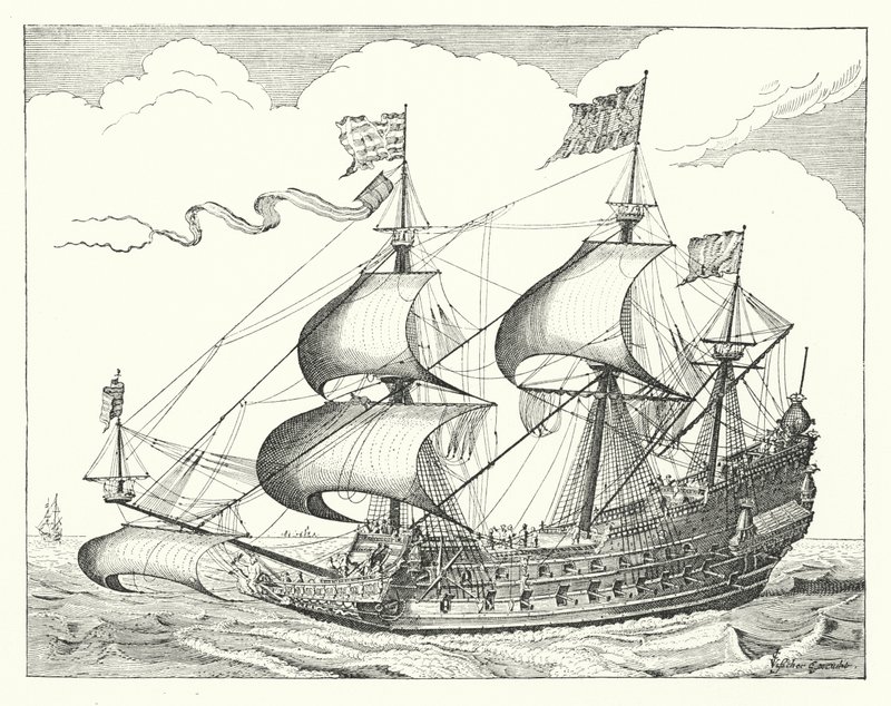 Navio de guerra holandês do século XVII (gravura) de German School