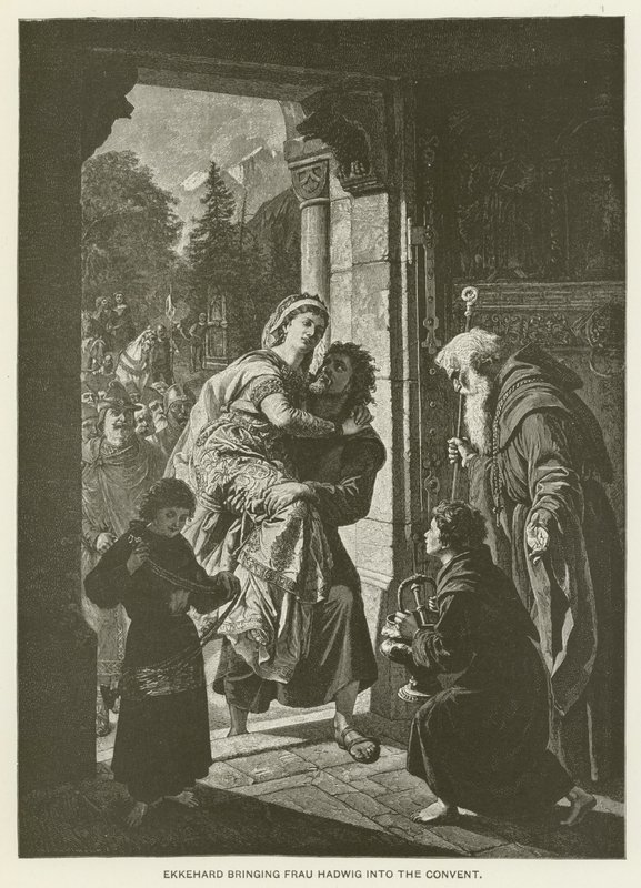 Ekkehard trazendo Frau Hadwig para o convento (gravura) de German School