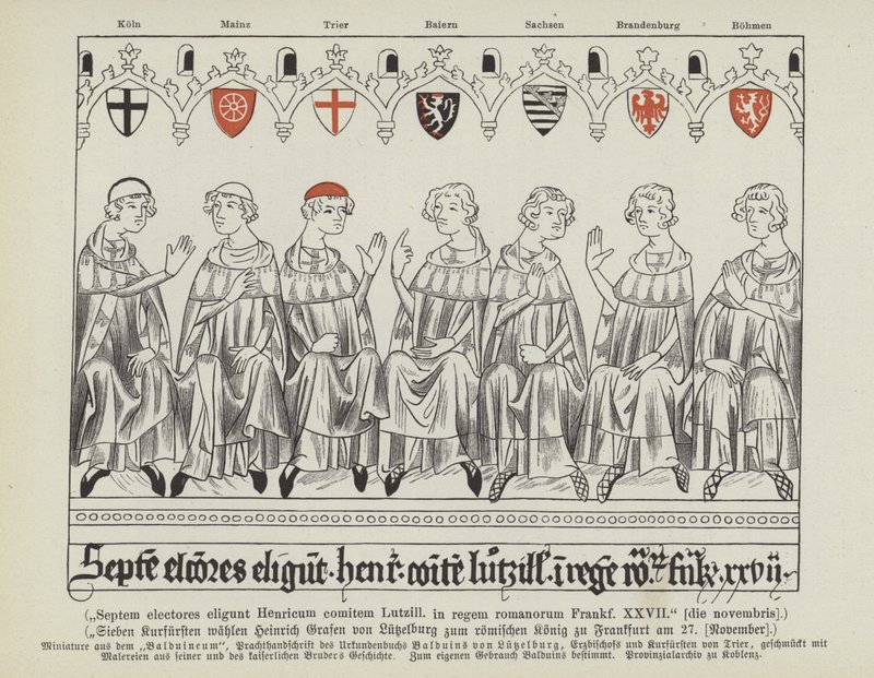 Eleição de Henrique VII do Luxemburgo como Santo Imperador Romano, Frankfurt, 27 de Novembro de 1308 (cor litho) de German School