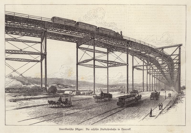 Elevated railway in New York City, New York, USA (gravura) de German School