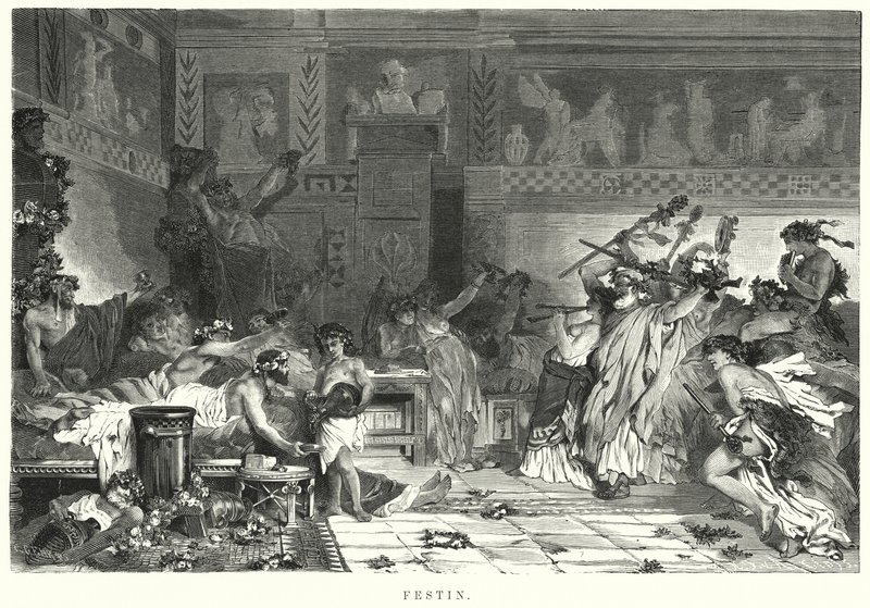 Entretenimento após a refeição em uma festa romana (litho) de German School