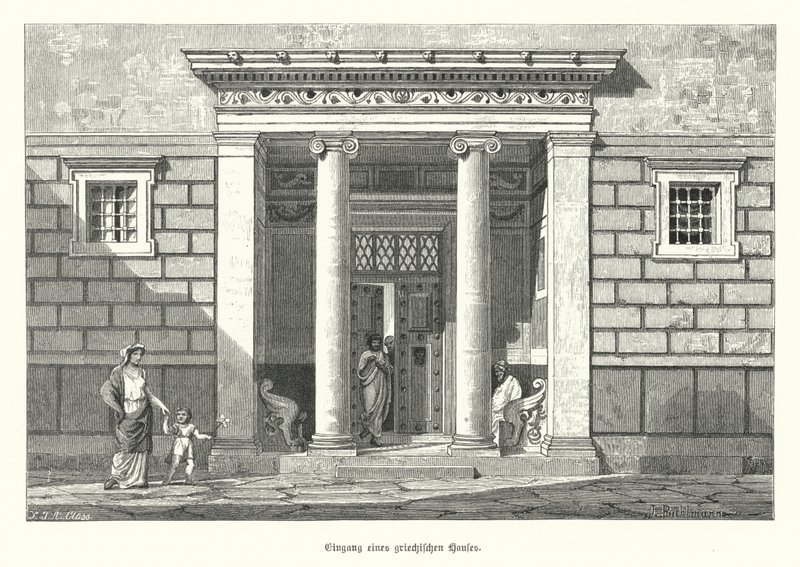 Entrada de uma casa grega antiga (gravura) de German School