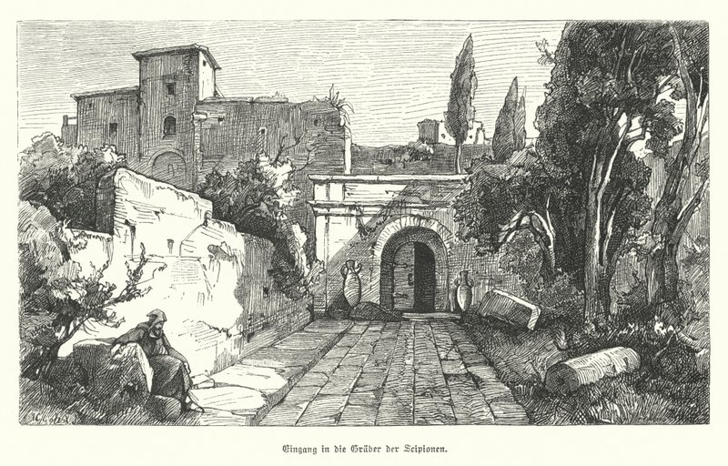 Entrada no Túmulo dos Scipios, Roma (gravura) de German School