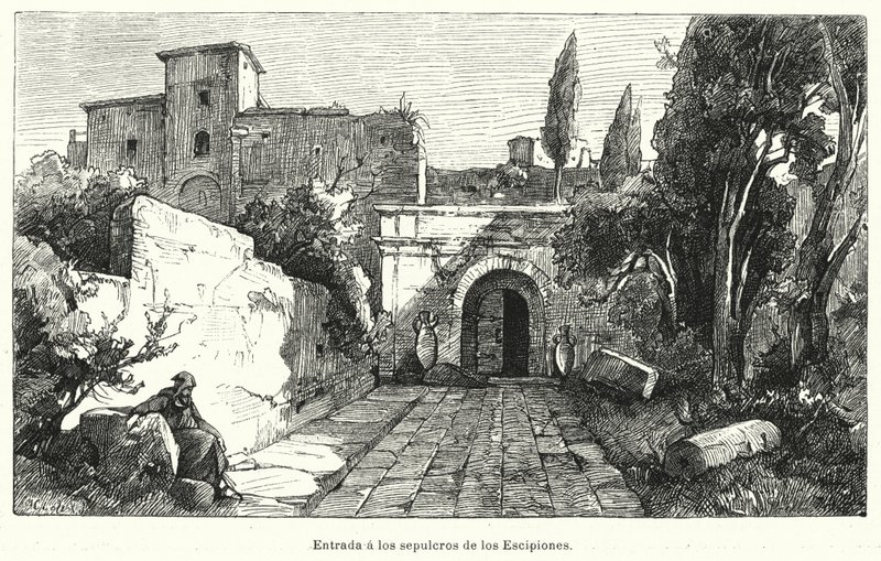 Entrada no Túmulo dos Cipópios, Roma (litho) de German School