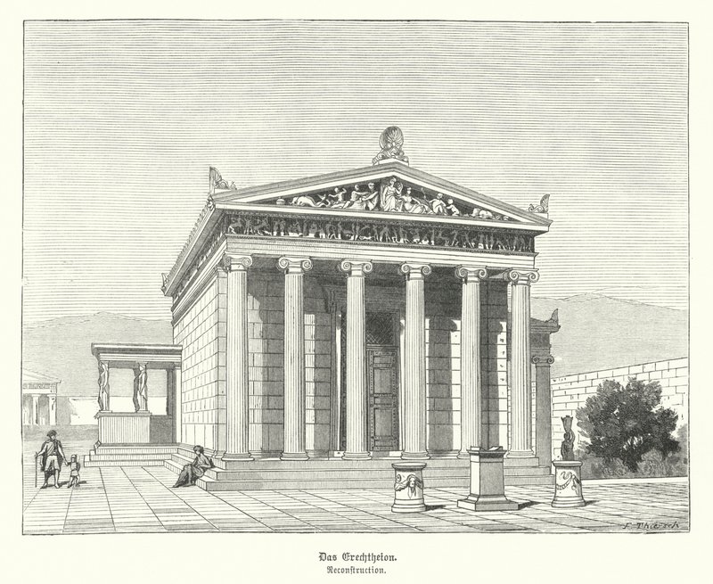 Erectheion, templo dedicado a Atena e Poseidon na Acrópole, Atenas, Grécia Antiga (gravura) de German School