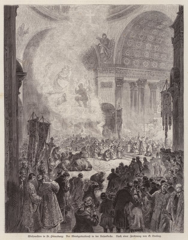 Culto da noite na Catedral de Kazan, São Petersburgo, Rússia, no Natal (gravura) de German School