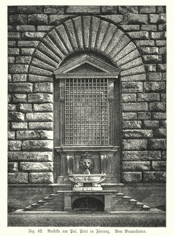 Exemplo de rustificação, por Filippo Brunelleschi, Palazzo Pitti, Florença, Itália (gravura) de German School