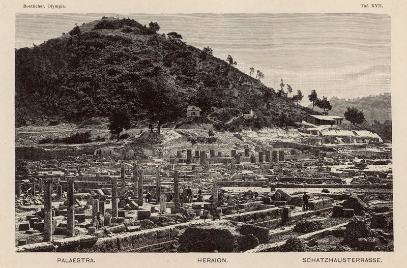 Escavação do local da antiga Olímpia, Grécia: a Palaestra, o Templo de Hera e os Tesouros (gravura) de German School