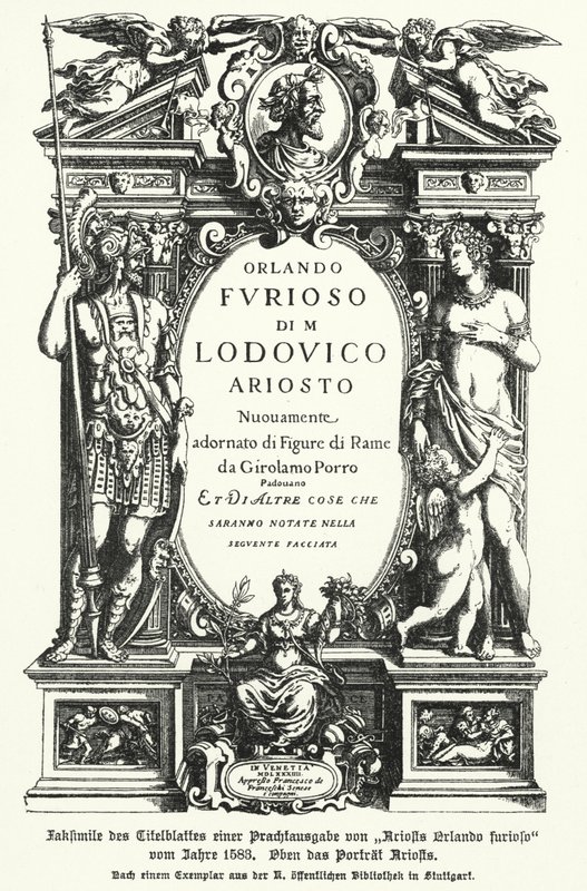 Fac-símile da página de rosto de uma edição de 1583 do poeta italiano Ludovico Ariosto, o épico Orlando Furioso (litho) de German School