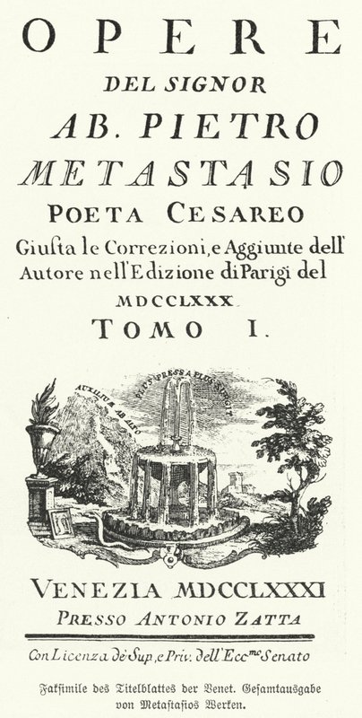 Fac-símile da página de rosto de uma edição veneziana das obras recolhidas do poeta e libretista italiano Pietro Metastasio (litho) de German School