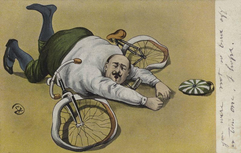 Homem gordo, caiu da sua bicicleta (cor litho) de German School