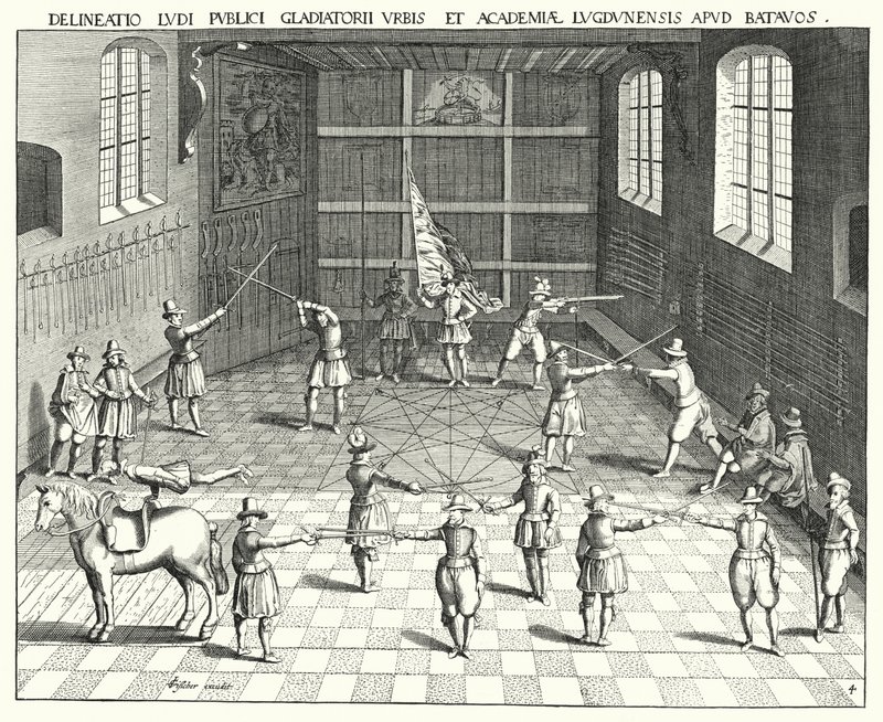 Sala de esgrima na Universidade de Leiden (gravura) de German School