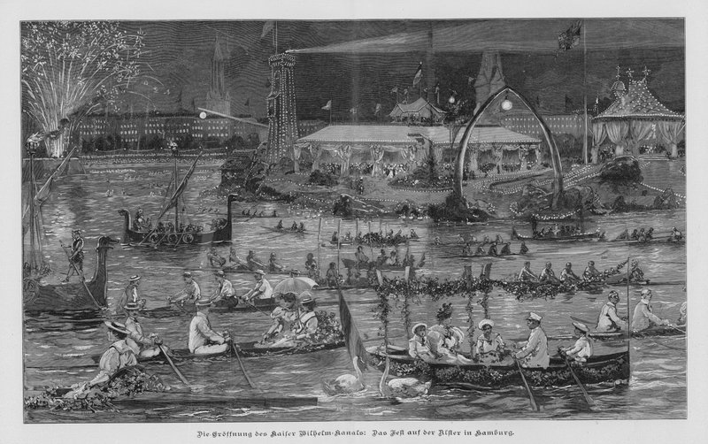 Festas no Alster em Hamburgo comemorando a abertura do Canal de Kiel (Canal Kaiser Wilhelm), Alemanha de German School