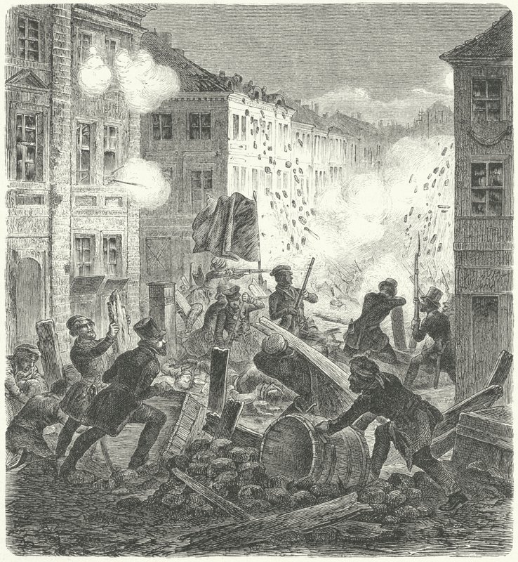 Luta numa barricada em frente à Câmara Municipal de Colln, Berlim, Revolução de 1848 (gravura) de German School