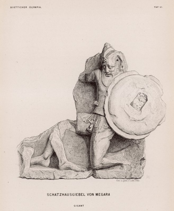 Figura de um gigante do frontão do Tesouro de Megara, Olympia, Grécia (gravura) de German School