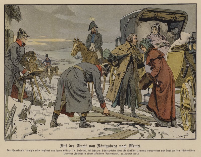Fugindo dos franceses, a gravemente doente Rainha Louise da Prússia fazendo uma parada numa fazenda na estrada de Konigsberg para Memel de German School