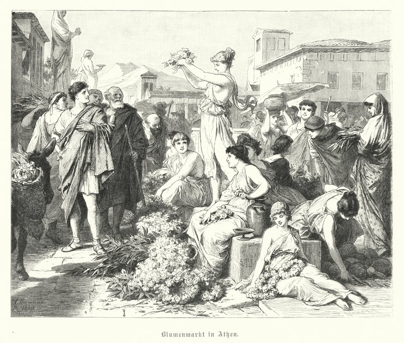 Mercado de flores em Atenas, Grécia Antiga (gravura) de German School