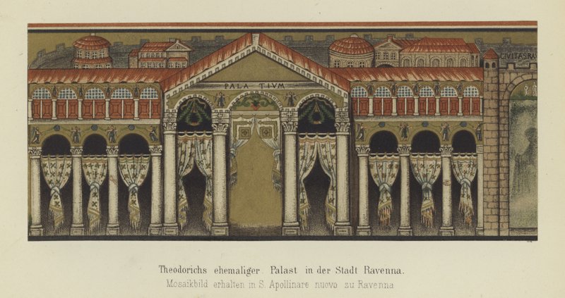Antigo palácio de Teoderico o Grande, Rei dos Ostrogodos, em Ravena, Itália (cor litho) de German School