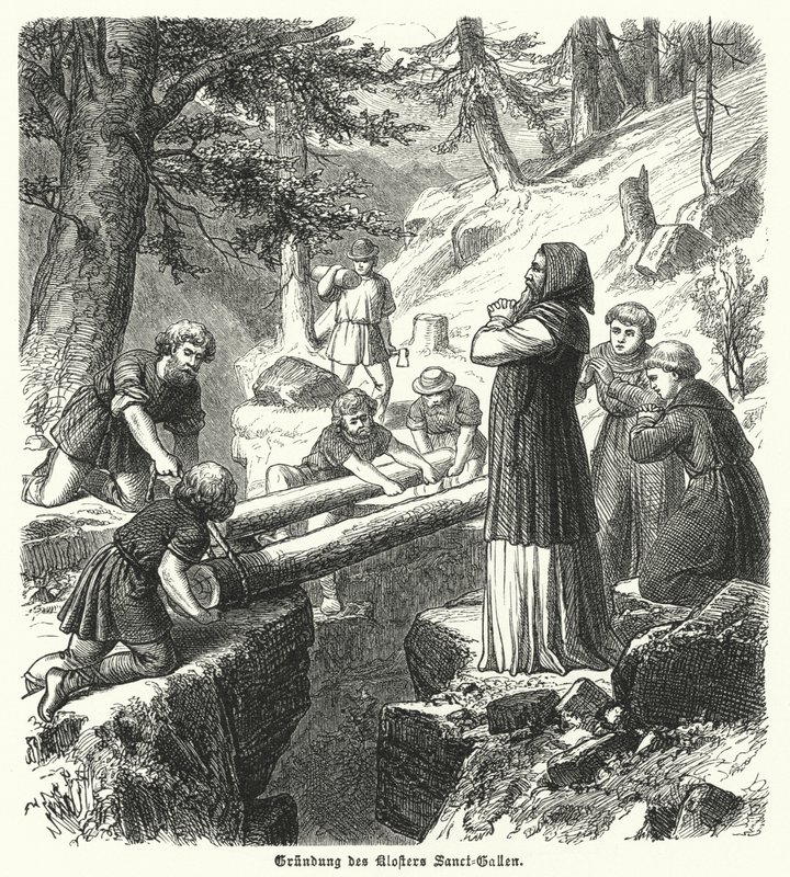 Fundação da Abadia de St Gall, Suíça, Século VIII (gravura) de German School