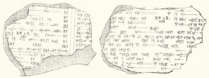 Fragmentos de texto cuneiforme babilónico em duas pastilhas de barro (gravura) de German School