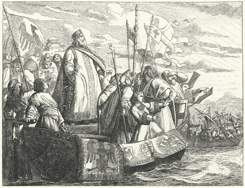 Frederick Barbarossa e seu exército atravessando o Bósforo na Terceira Cruzada de German School
