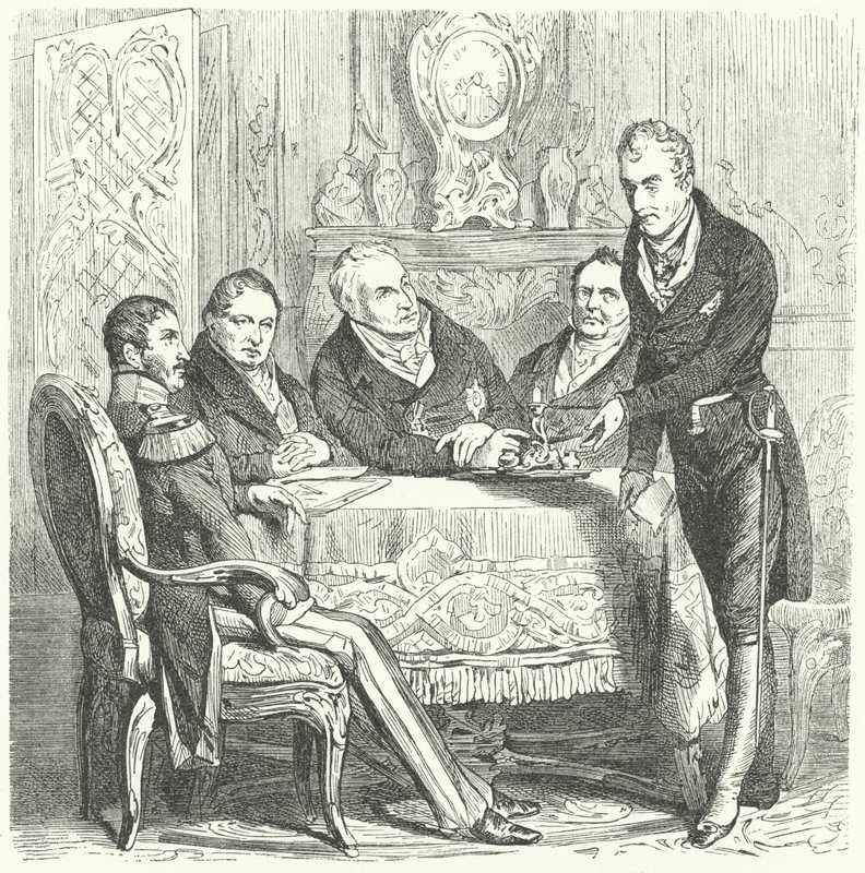 Frederick William III da Prússia em discussões com seu Primeiro Ministro, Karl August von Hardenberg e Klemens von Metternich, o Ministro dos Negócios Estrangeiros austríaco (gravura) de German School