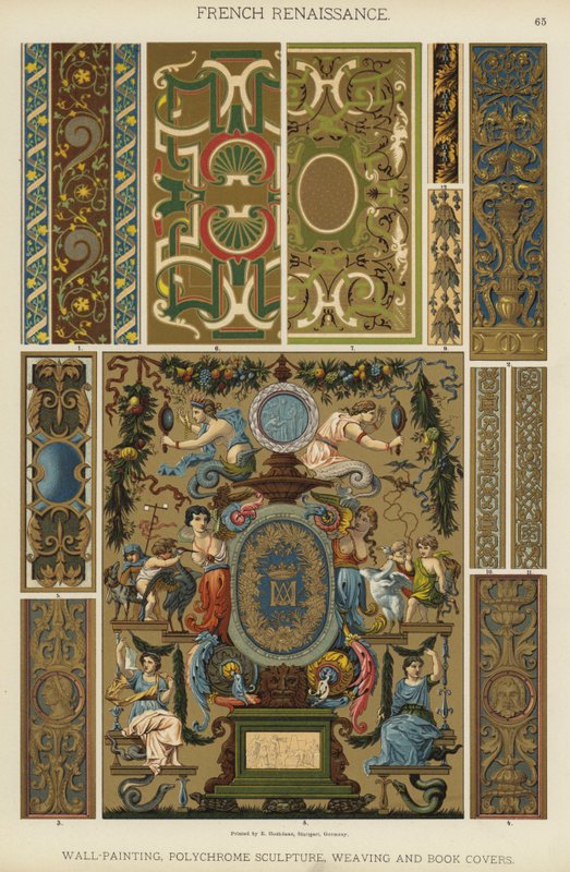 Renascença Francesa, Pintura de parede, Escultura Policromática, Tecelagem e Capas de livros (cor litho) de German School