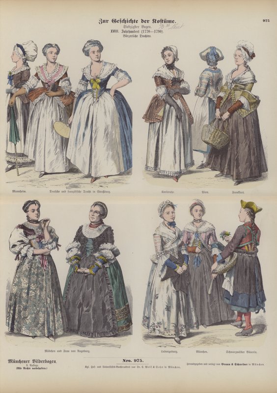 Fatos de mulher burguesa francesa e alemã, finais do século XVIII (gravura a cores) de German School