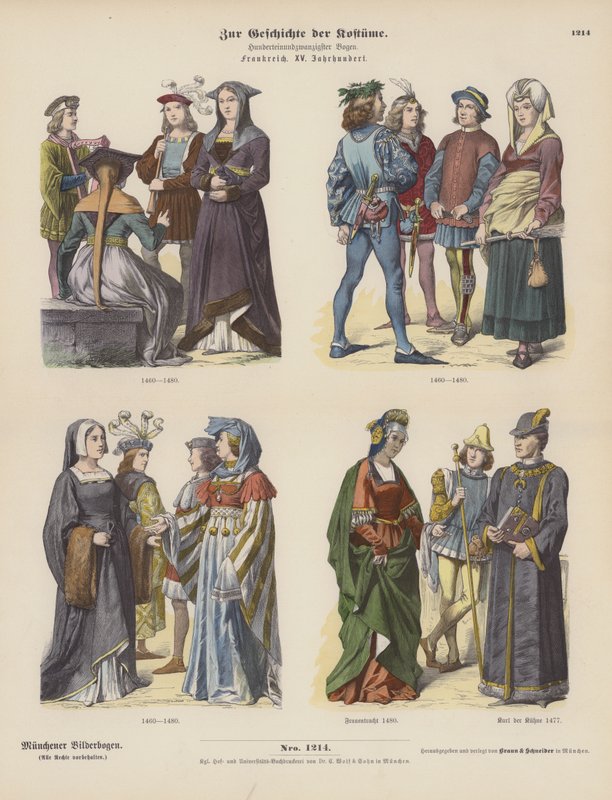 Fatos franceses do século XV (gravura colorida) de German School