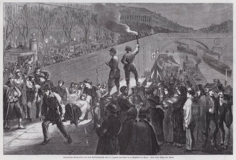 Soldados franceses feridos na última tentativa infrutífera de escapar do cerco de Paris chegando ao Quai de la Megisserie, Guerra Franco Prussiana, janeiro de 1871 (gravura) de German School