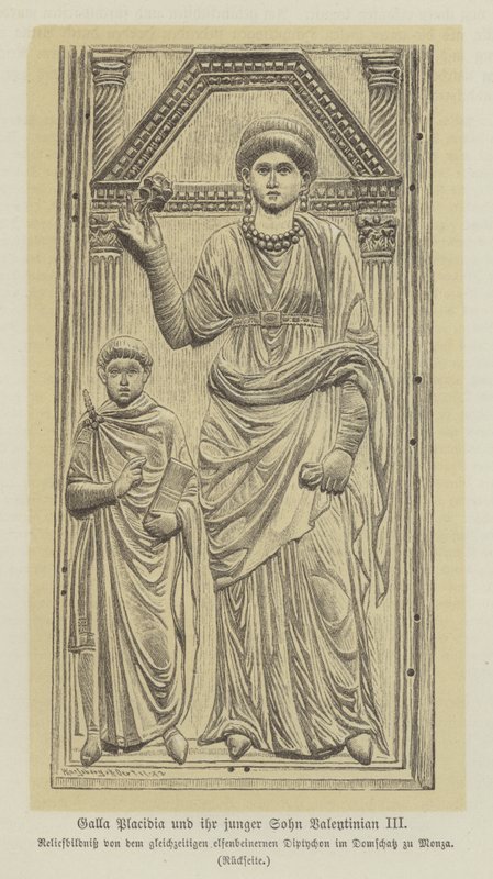 Galla Placidia, filha do Imperador Romano Teodisio I, e seu filho, Valentim III (gravura) de German School