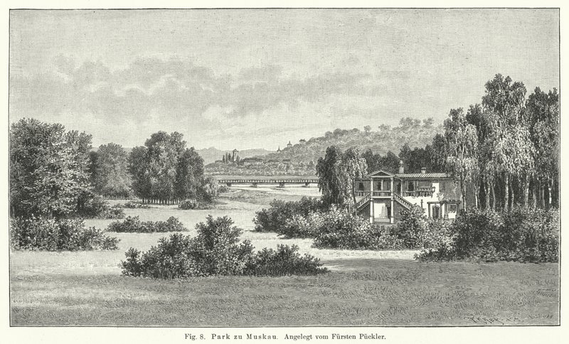 Desenho de jardim: Muskau Park, Alemanha, desenhado pelo Príncipe Hermann von Pueckler-Muskau (gravura) de German School