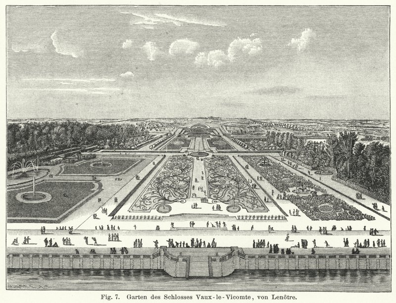 Design de jardins: jardins do Chateau de Vaux-le-Vicomte, Maincy, França, dispostos por André le Notre no século XVII (gravura) de German School