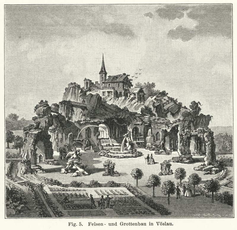 Desenho do jardim: grutas no jardim do Conde Johann von Fries, Voslau, Áustria (gravura) de German School