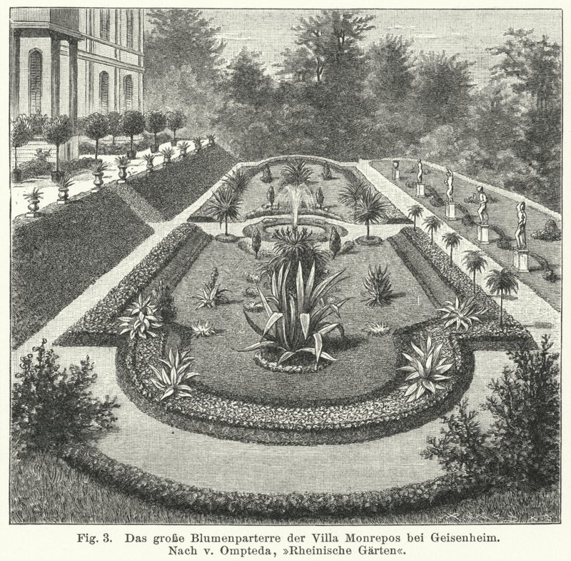Desenho de jardim: grande parterre em Monrepos, propriedade do banqueiro e astrônomo amador Heinrich Eduard von Lade, Geisenheim, Alemanha (gravura) de German School