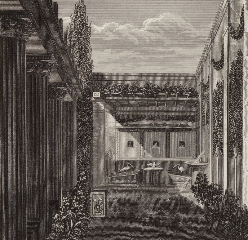 Jardim de uma casa romana. Ilustração para Bilder-Atlas (gravura) de German School