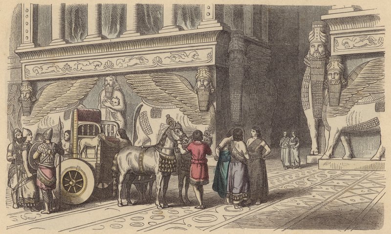 Porta de entrada para um palácio assírio (gravura colorida) de German School