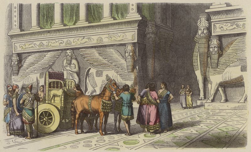 Porta de entrada para um palácio assírio (gravura colorida) de German School