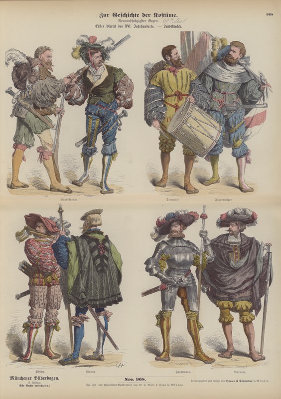 Landsknechte alemã (soldados mercenários), início do século XVI (gravura colorida) de German School
