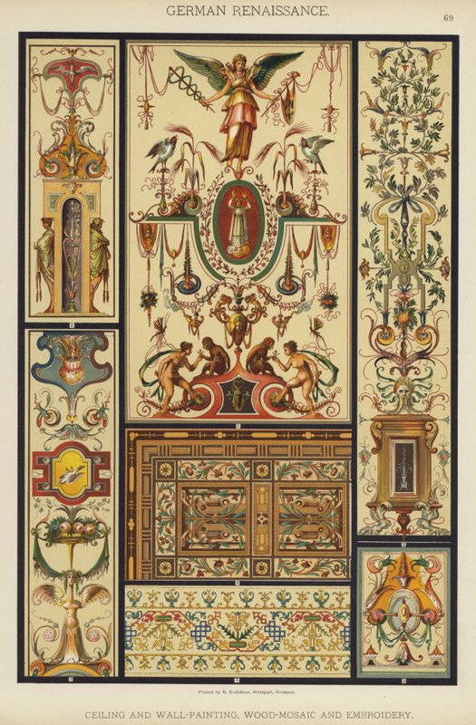 Renascença alemã, Tecto e Pintura de parede, Mosaico de madeira e Bordados (cor litho) de German School