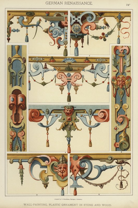 Renascença alemã, Pintura de parede, Ornamento plástico em pedra e madeira (cor litho) de German School