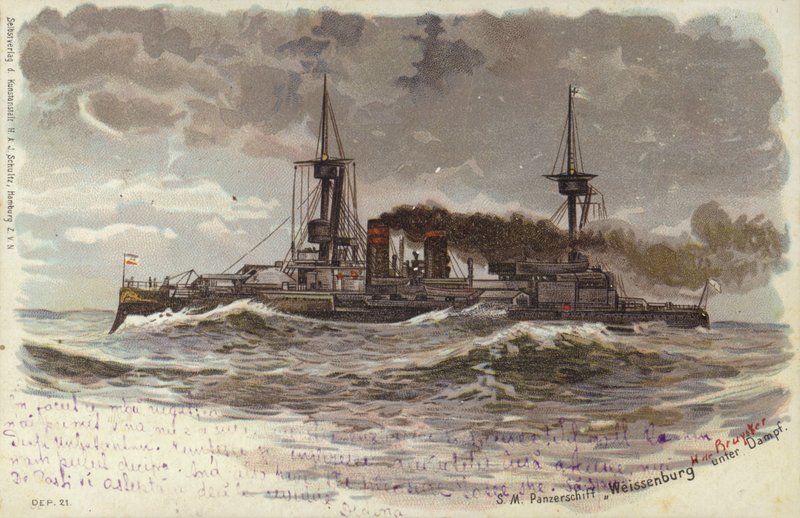 Navio de batalha alemão SMS Weissenburg, final do século XIX ou início do século XX (cor litho) de German School