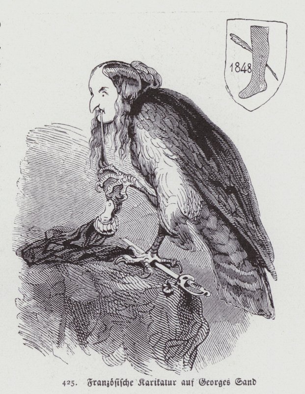 Caricatura alemã do romancista francês do século XIX George Sand (litho) de German School