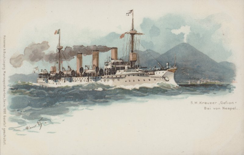 Cruzador alemão Gefion na Baía de Nápoles, Itália (chromolitho) de German School