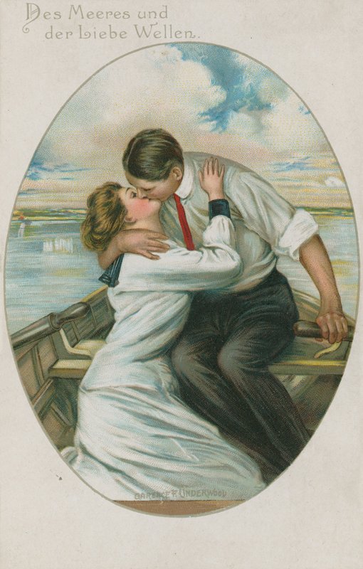 Homem alemão e mulher beijando em um barco, cartão postal enviado em 10 de setembro de 1913 de German School