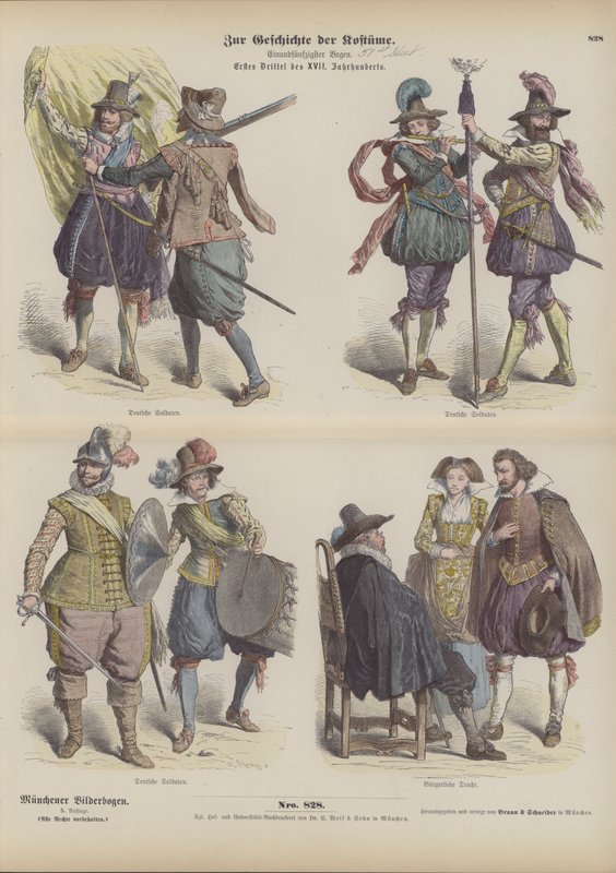 Fatos militares e burgueses alemães, início do século XVII (gravura a cores) de German School