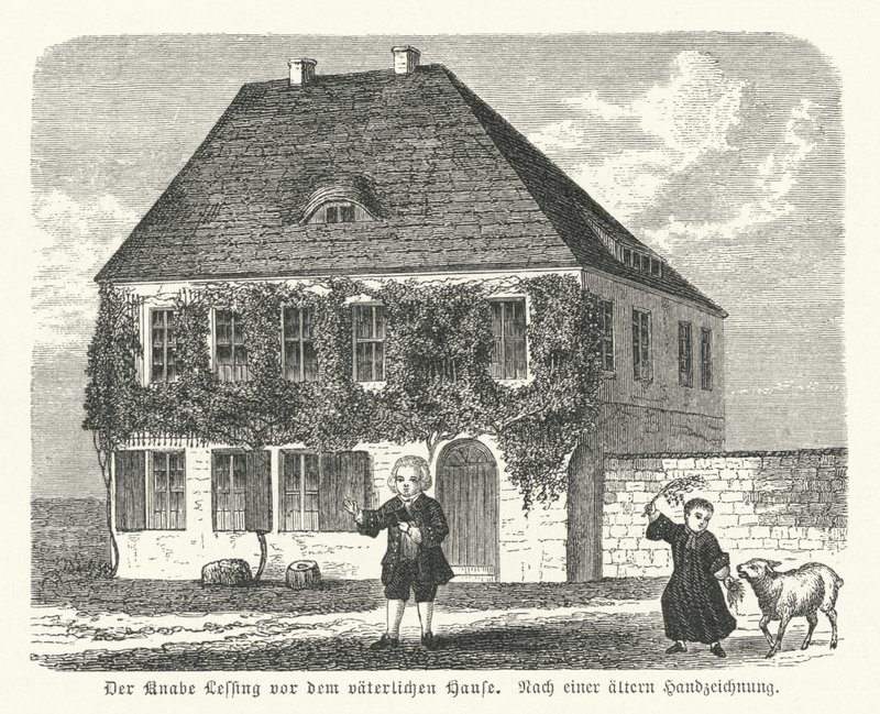 O filósofo e dramaturgo alemão Gotthold Ephraim Lessing do lado de fora da casa do pai em Kamenz quando menino (gravura) de German School