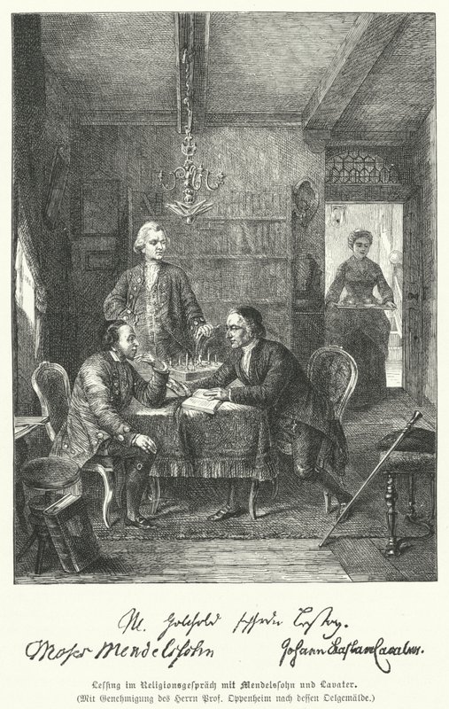 Filósofo e dramaturgo alemão discutindo religião com Moses Mendelssohn e Johann Kaspar Lavater (gravura) de German School