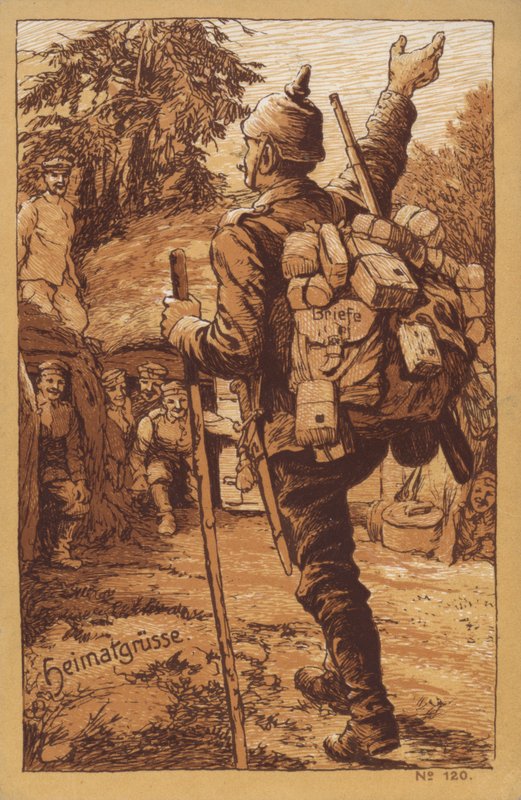 Soldado alemão com correio a ser recebido calorosamente quando regressa à sua unidade (litografia) de German School